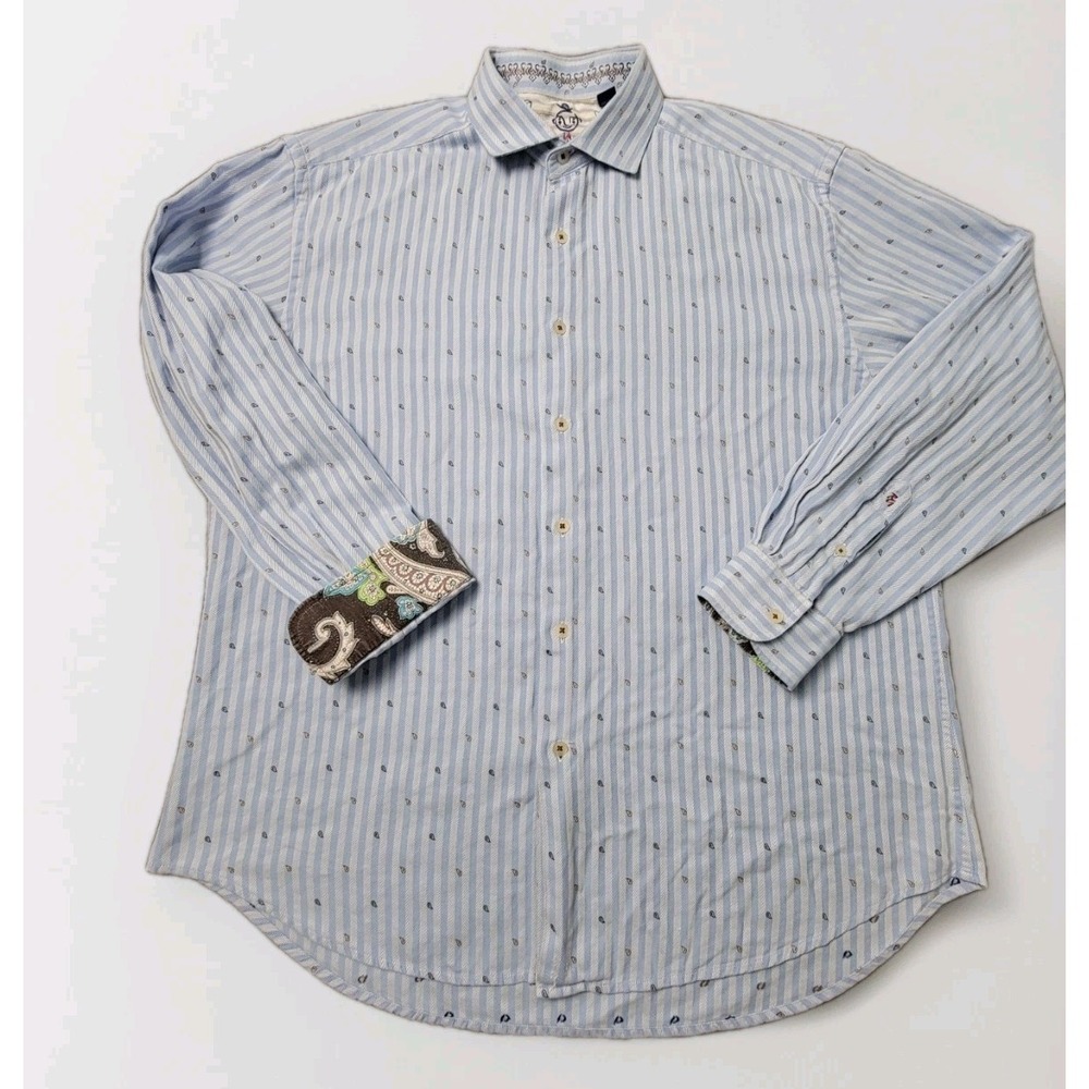 Robert Graham Men's XL Button Up Shirt Blue Stripe Paisley Flip Cuff